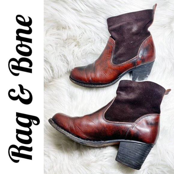 RAG & BONE Mercer II Suede Handmade Antiqued Leather Burgundy Booties, Size 37 - Picture 2 of 12